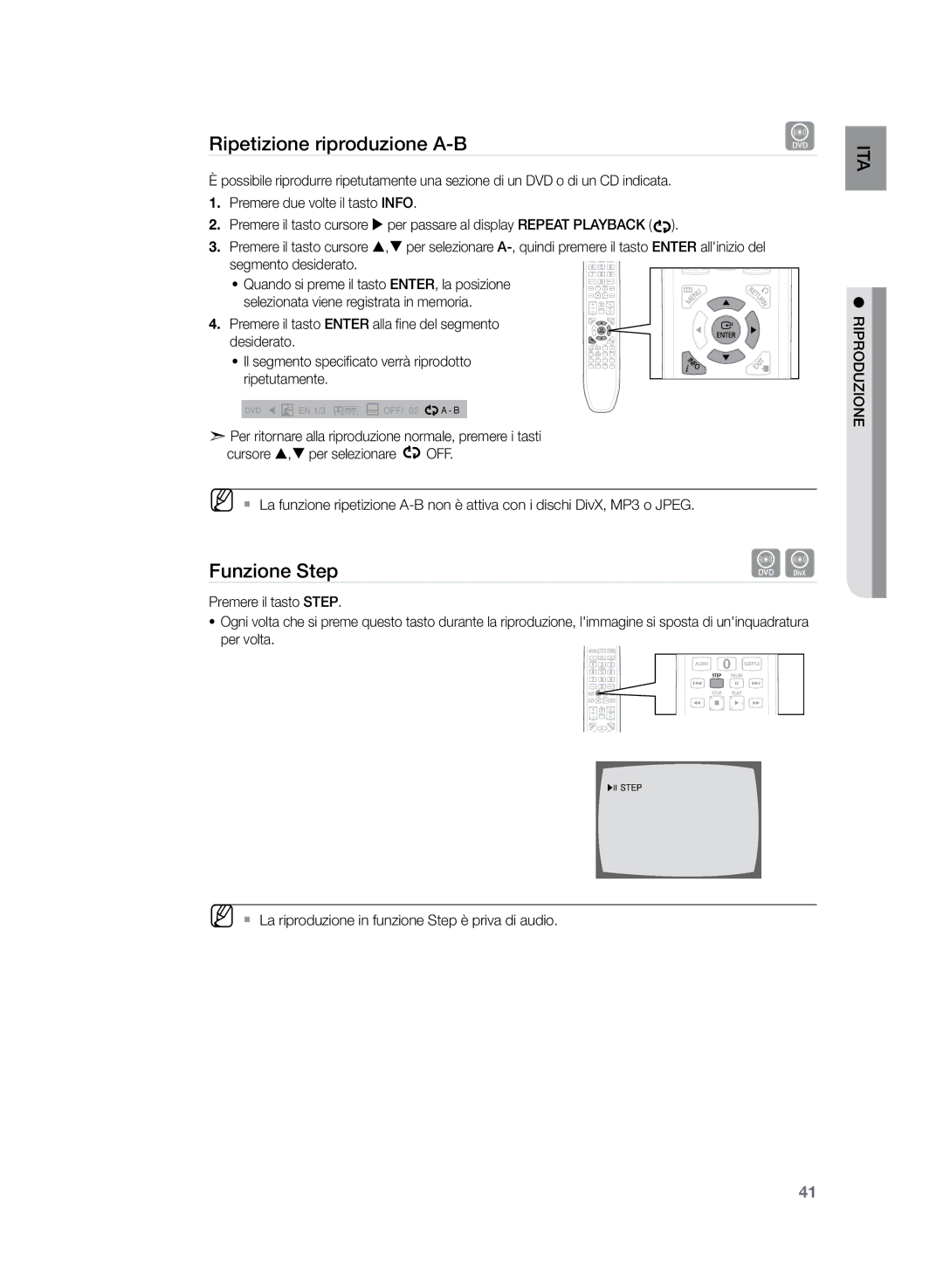 Samsung HT-Z320R/XET, HT-Z320R/XEF manual Ripetizione riproduzione A-B, Funzione Step, Premere il tasto Step 