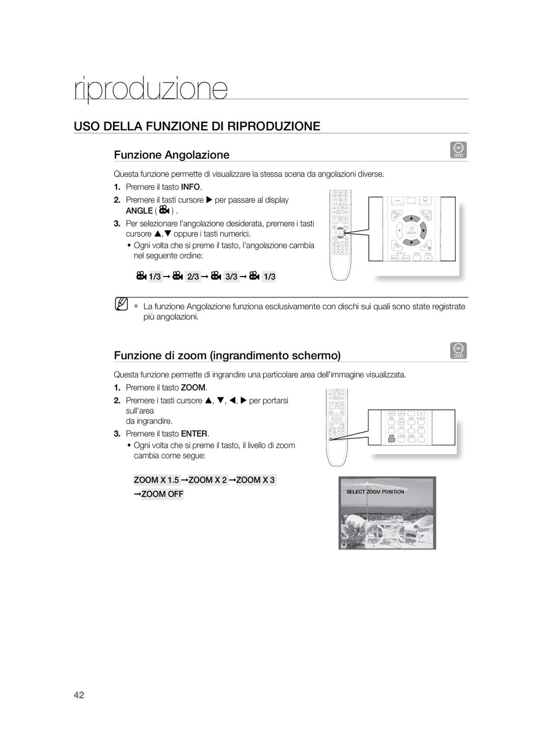 Samsung HT-Z320R/XEF Funzione Angolazione, Funzione di zoom ingrandimento schermo, Zoom X 1.5 Zoom X 2 Zoom X 3 Zoom OFF 