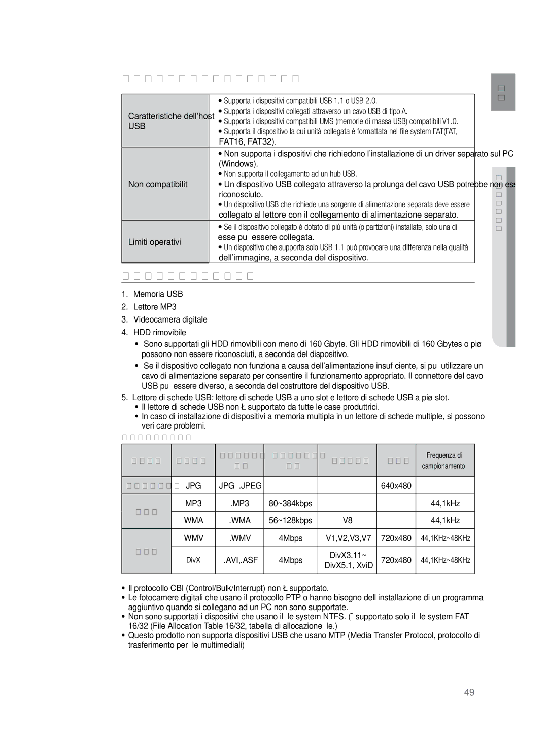 Samsung HT-Z320R/XET, HT-Z320R/XEF manual Caratteristiche dellhost USB, Dispositivi compatibili, Usb 