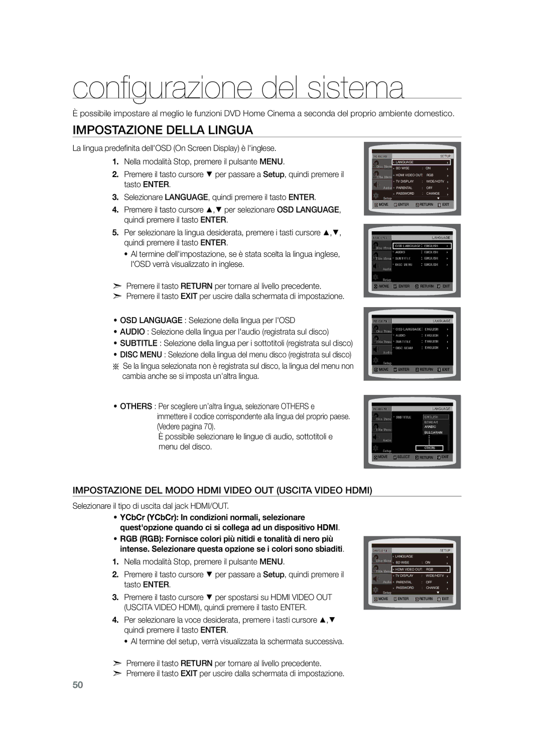 Samsung HT-Z320R/XEF, HT-Z320R/XET manual Configurazione del sistema, Impostazione della lingua 