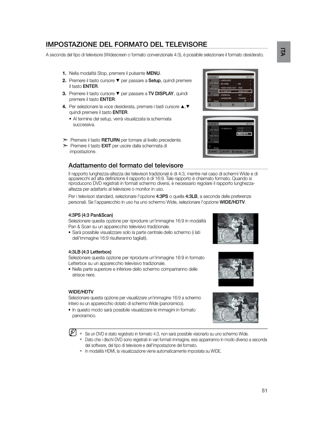 Samsung HT-Z320R/XET manual Impostazione del Formato DEL Televisore, Adattamento del formato del televisore, Wide/Hdtv 