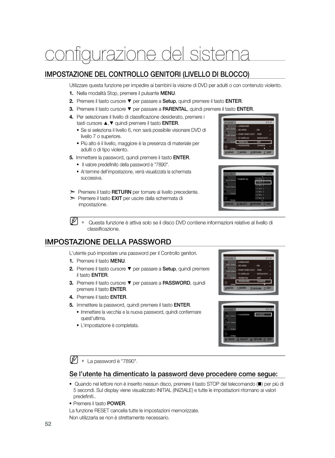 Samsung HT-Z320R/XEF, HT-Z320R/XET manual Impostazione del controllo genitori Livello DI Blocco, Impostazione della password 