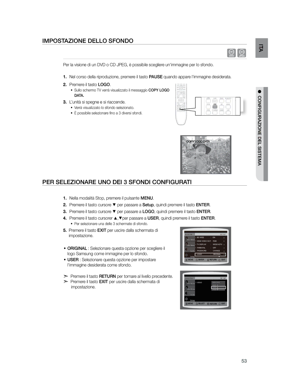 Samsung HT-Z320R/XET, HT-Z320R/XEF manual Impostazione dello sfondo, Per selezionare uno dei 3 sfondi configurati 