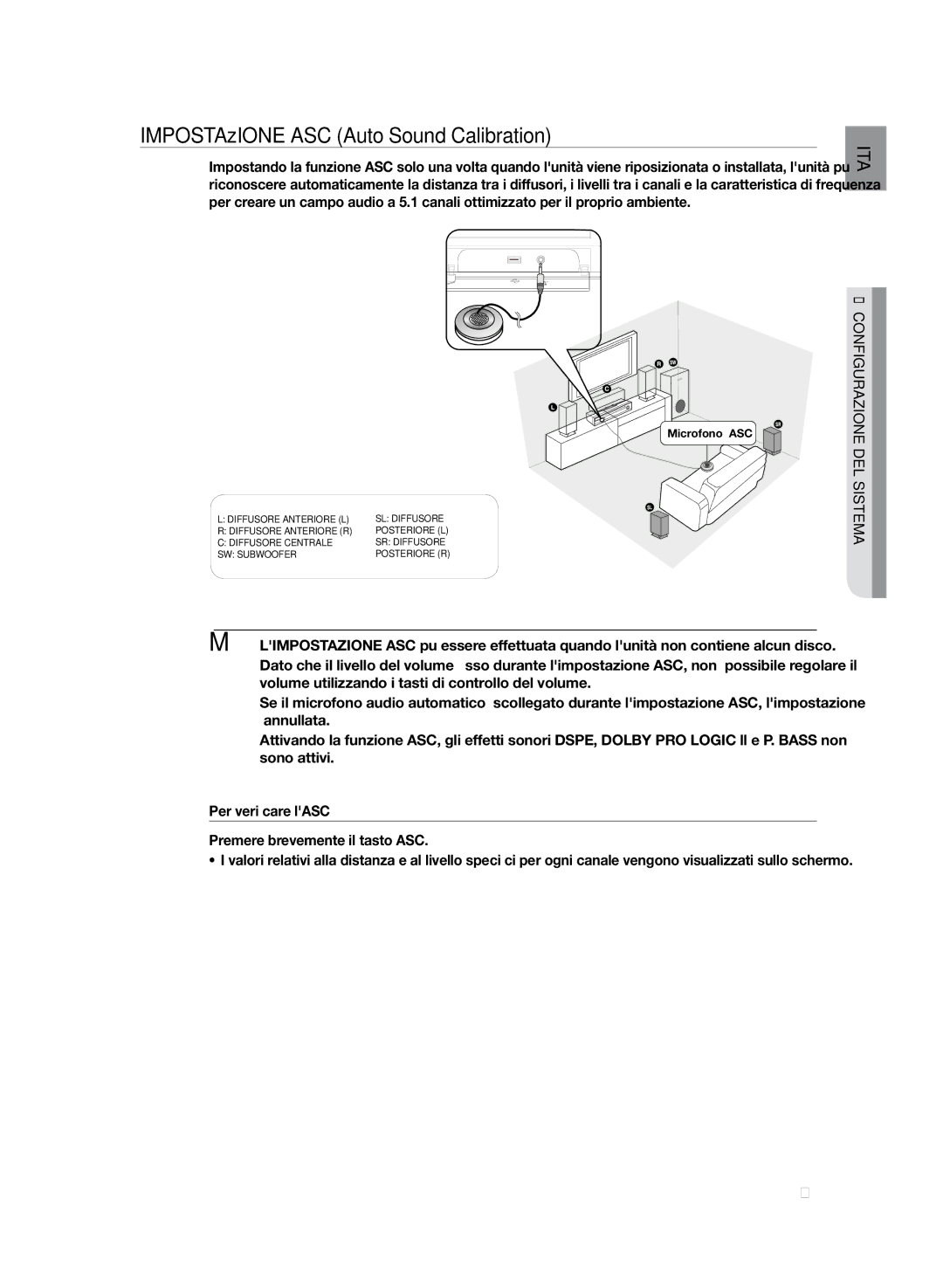 Samsung HT-Z320R/XET, HT-Z320R/XEF manual IMPOSTAzIONE ASC Auto Sound Calibration 