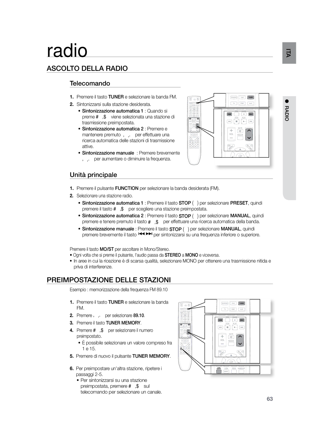 Samsung HT-Z320R/XET manual Radio, Ascolto della radio, Preimpostazione delle stazioni, Telecomando, Unità principale 