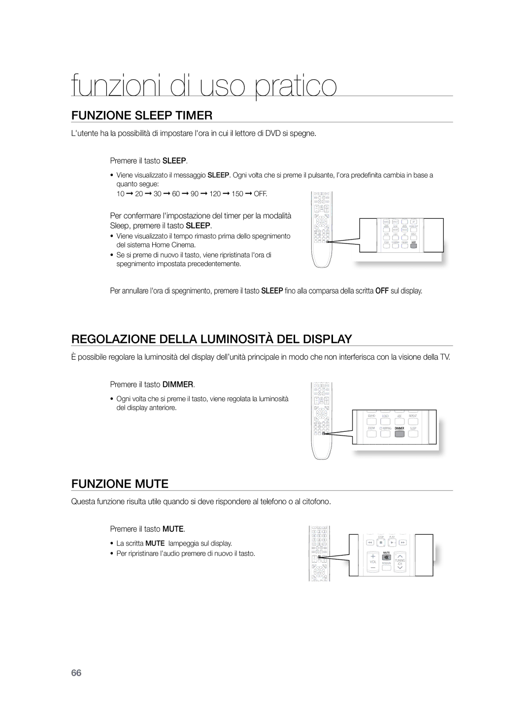 Samsung HT-Z320R/XEF, HT-Z320R/XET Funzioni di uso pratico, Funzione Sleep Timer, Regolazione della luminosità del display 