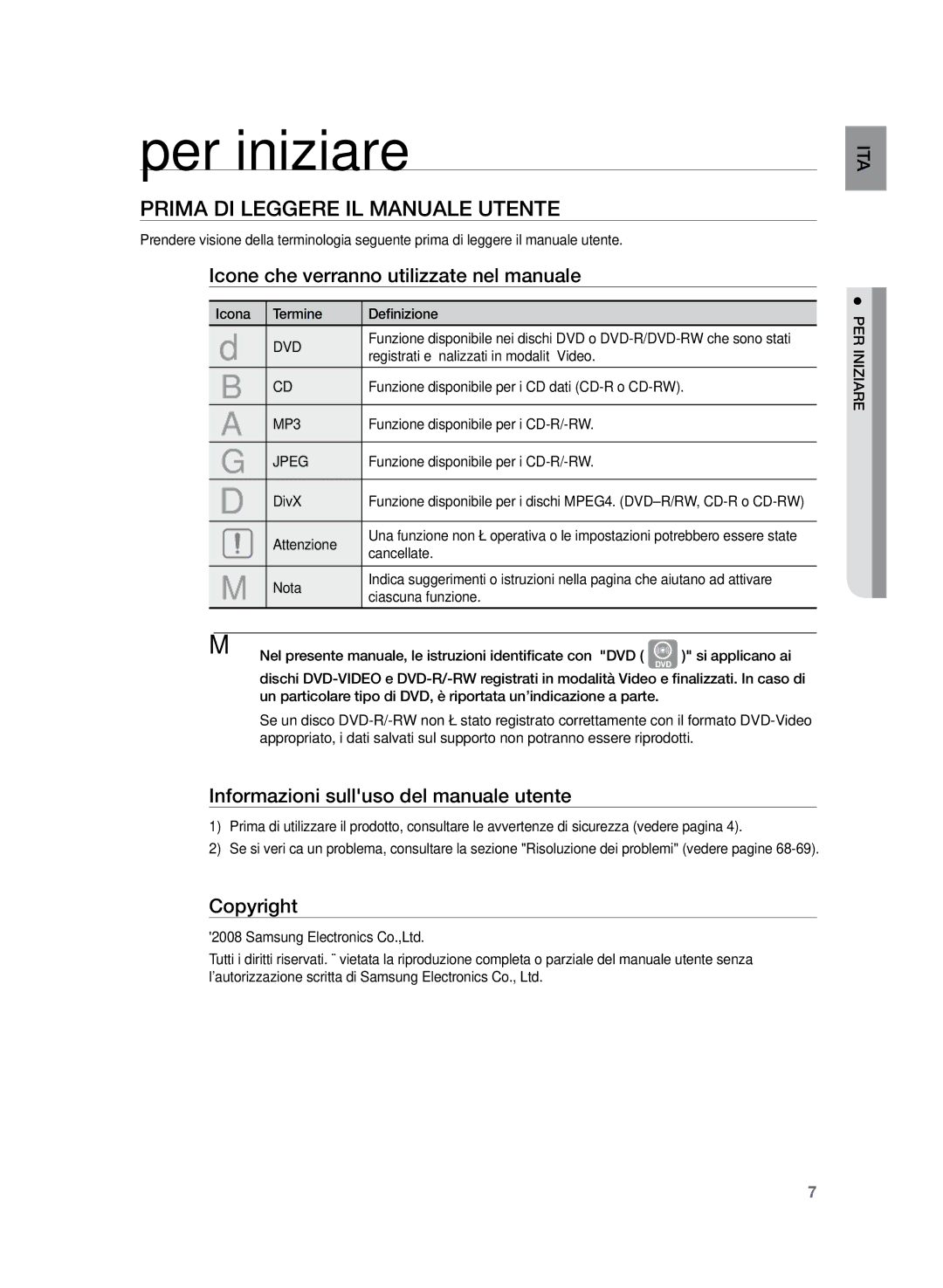 Samsung HT-Z320R/XET Per iniziare, Prima di leggere il manuale utente, Icone che verranno utilizzate nel manuale 