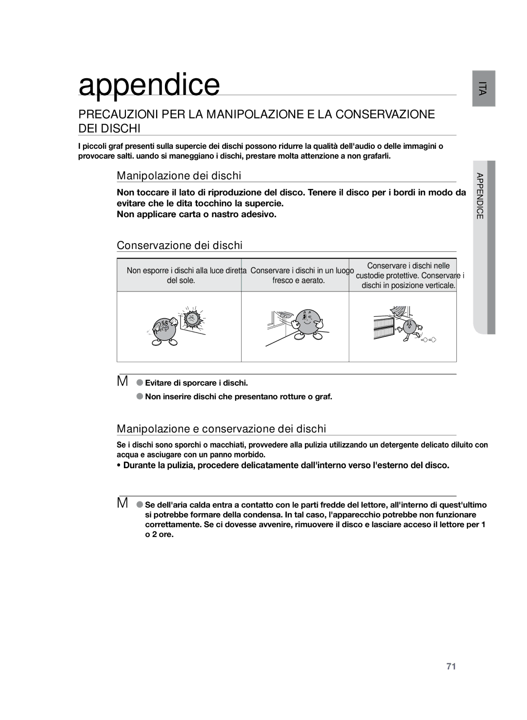 Samsung HT-Z320R/XET, HT-Z320R/XEF manual Appendice, Manipolazione dei dischi, Conservazione dei dischi 