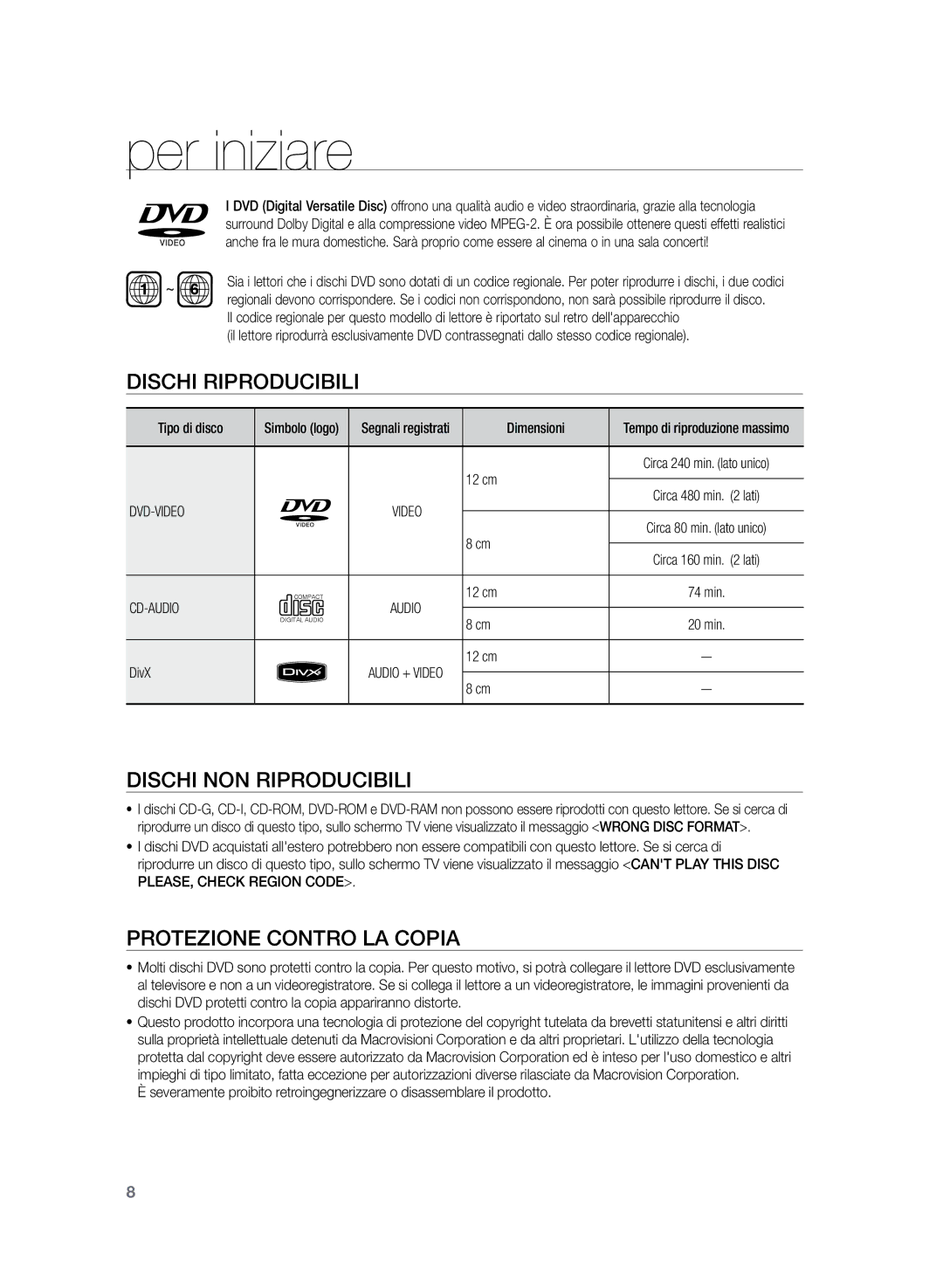 Samsung HT-Z320R/XEF, HT-Z320R/XET manual Dischi riproducibili, Protezione Contro LA Copia, Dvd-Video, Cd-Audio 