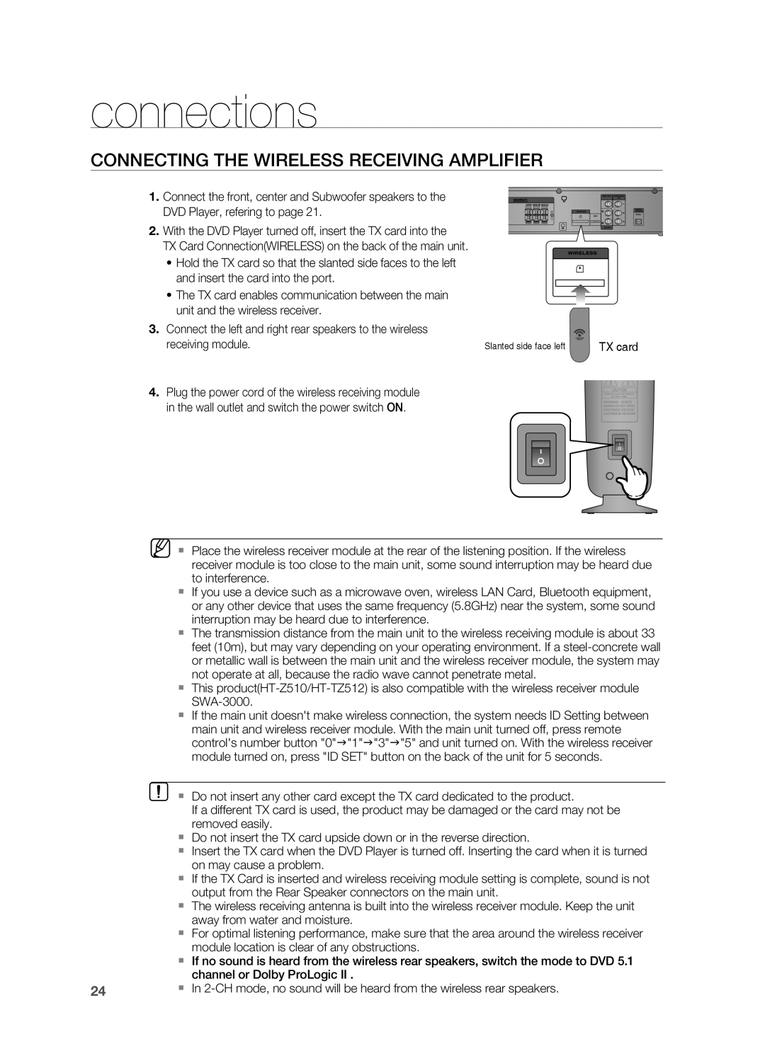 Samsung HT-Z510 manual Connecting the Wireless Receiving Amplifier, connections 