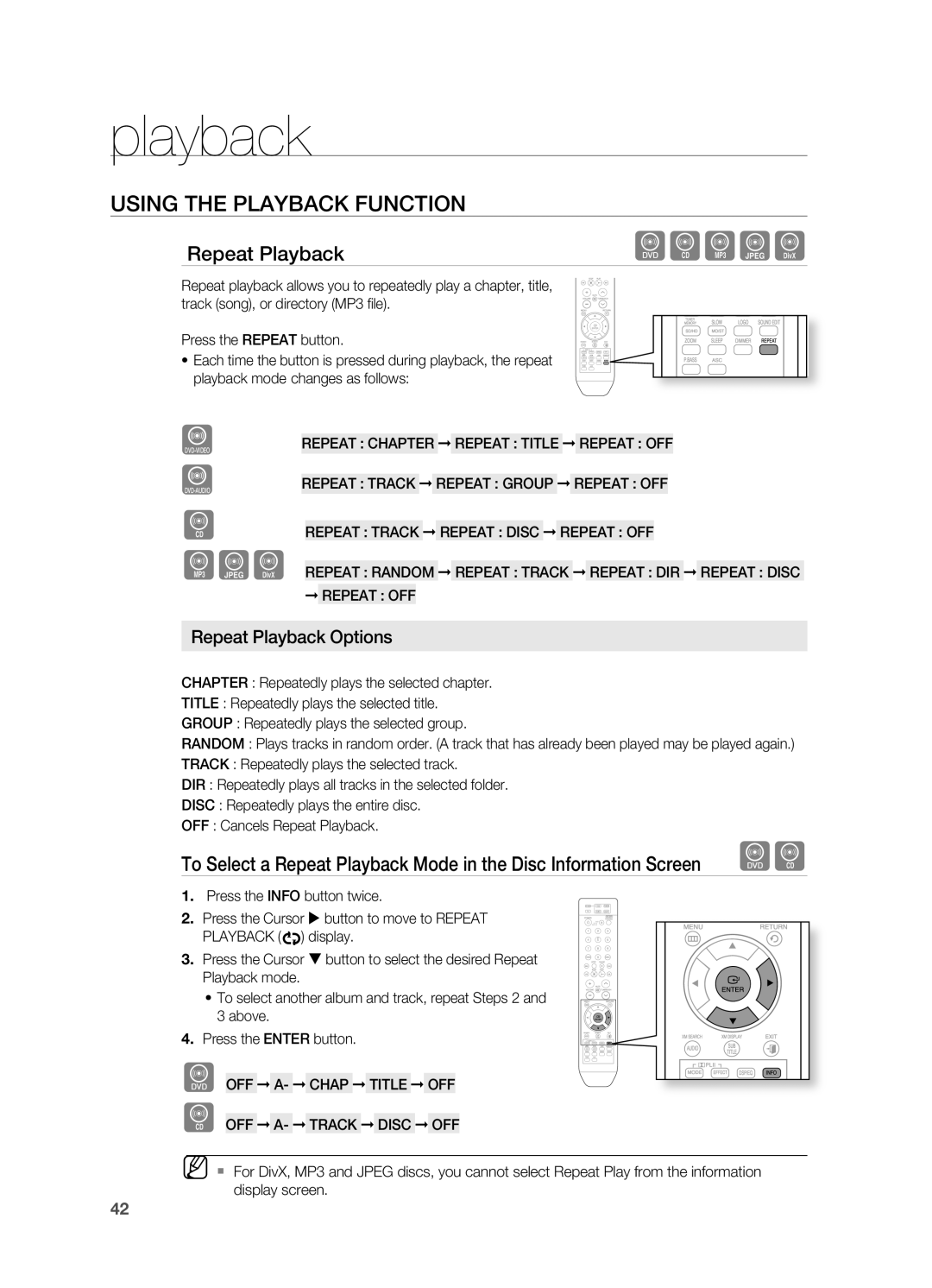 Samsung HT-Z510 manual B Agd, playback, dBAGD, USINg THE PLAYBACK FUNCTION, repeat Playback Options 