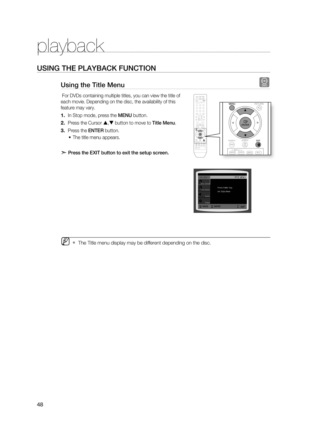 Samsung HT-Z510 manual playback, USINg THE PLAYBACK FUNCTION, Using the Title Menu 
