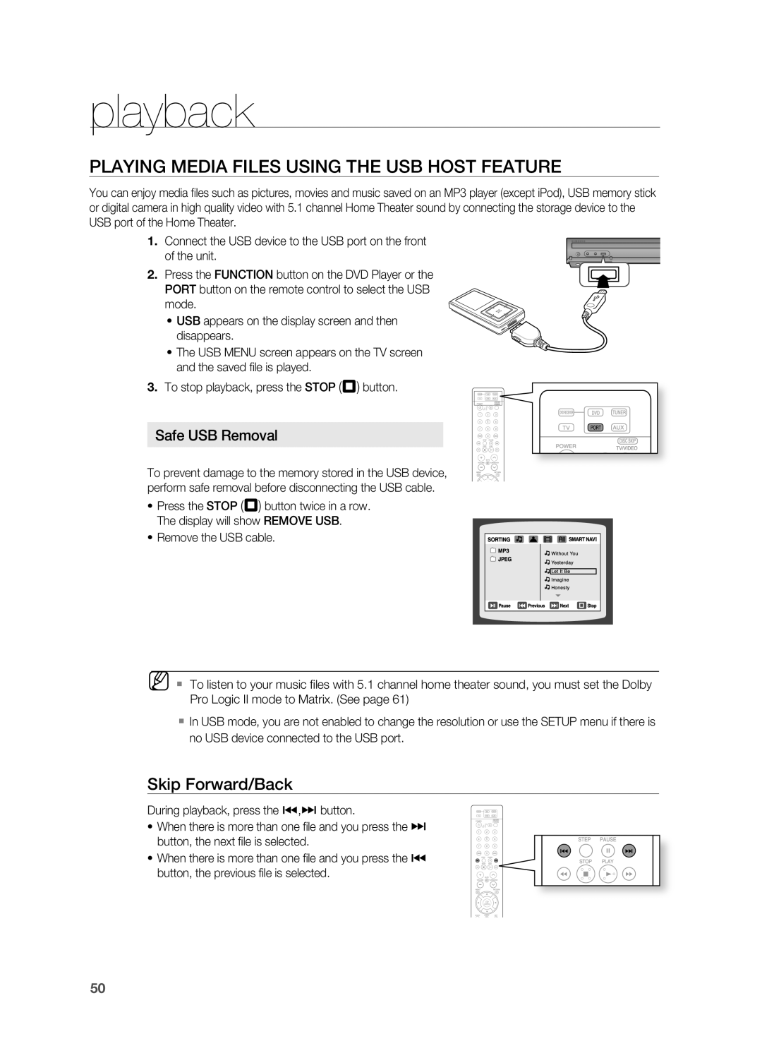 Samsung HT-Z510 manual PLAYINg MEDIA FILES USINg THE USB HOST FEATUrE, playback, Safe USB removal 