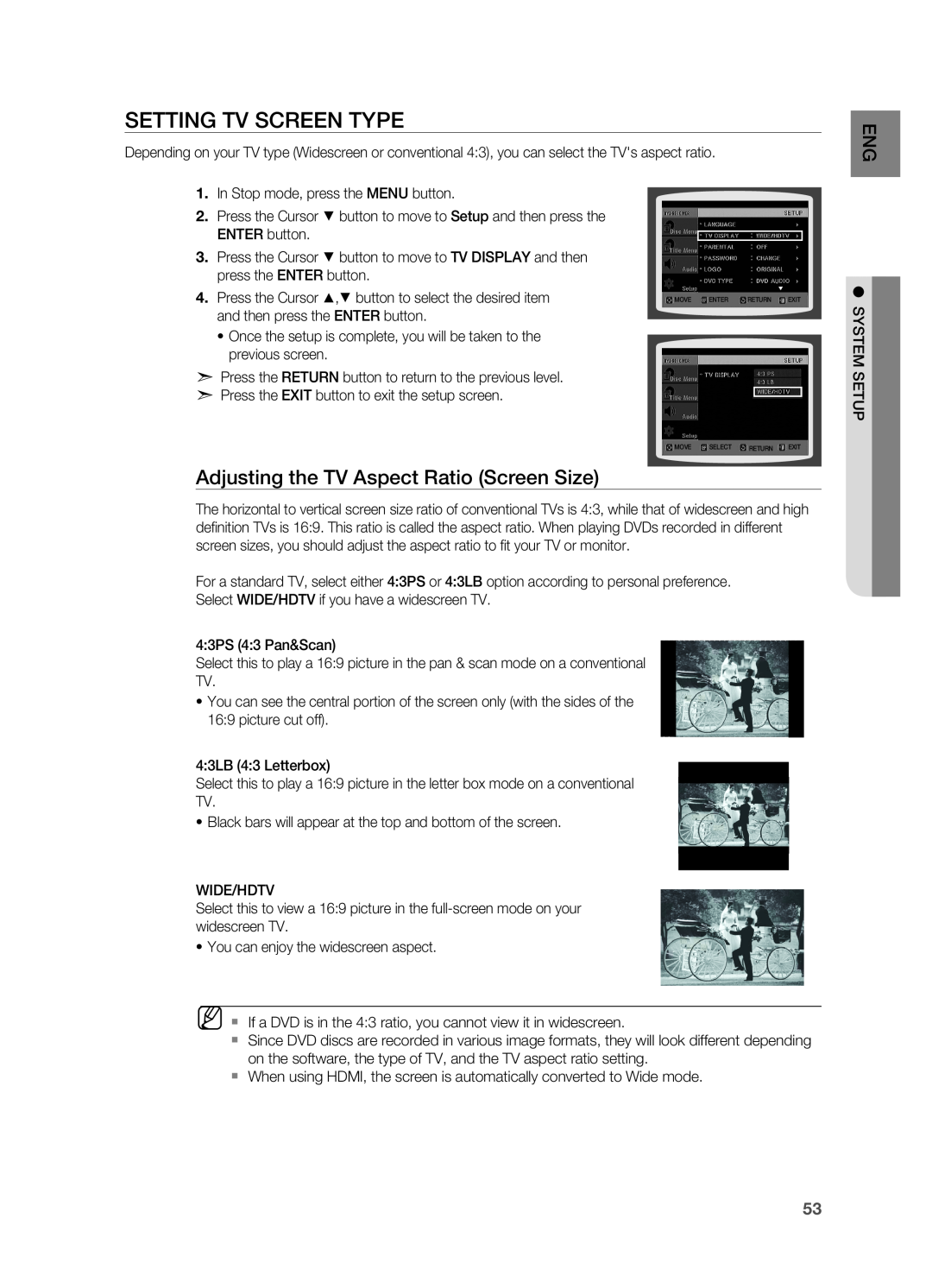 Samsung HT-Z510 manual Setting TV Screen Type, Adjusting the TV Aspect Ratio Screen Size 