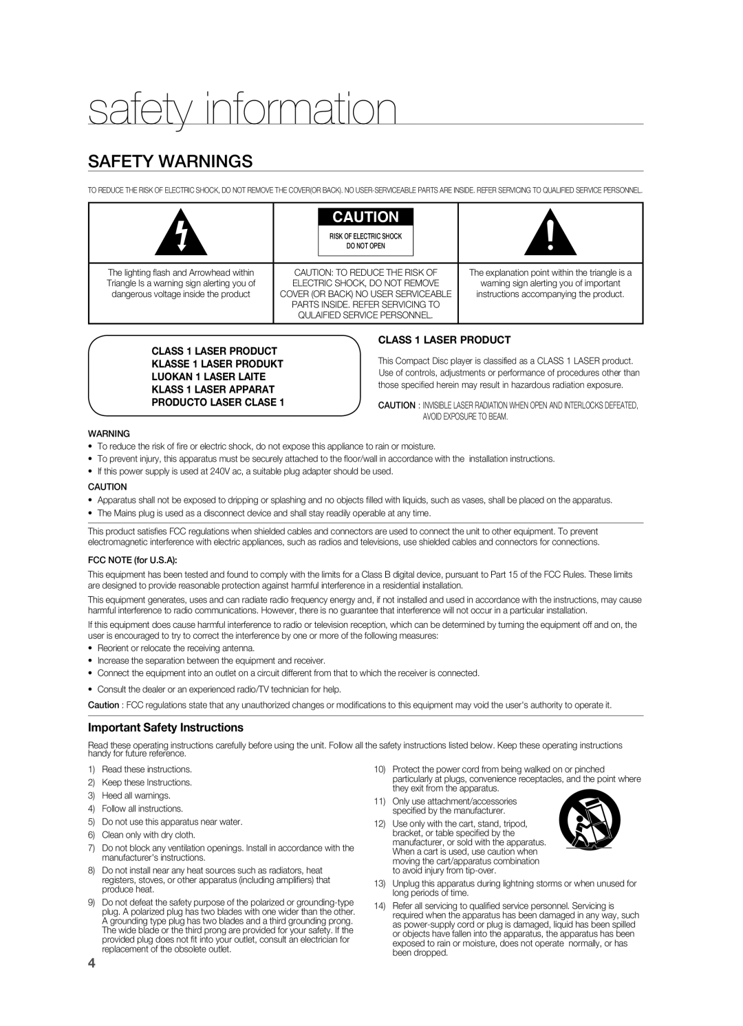 Samsung HT-Z510 manual safety information, Safety Warnings, Important Safety Instructions, Producto Laser Clase 