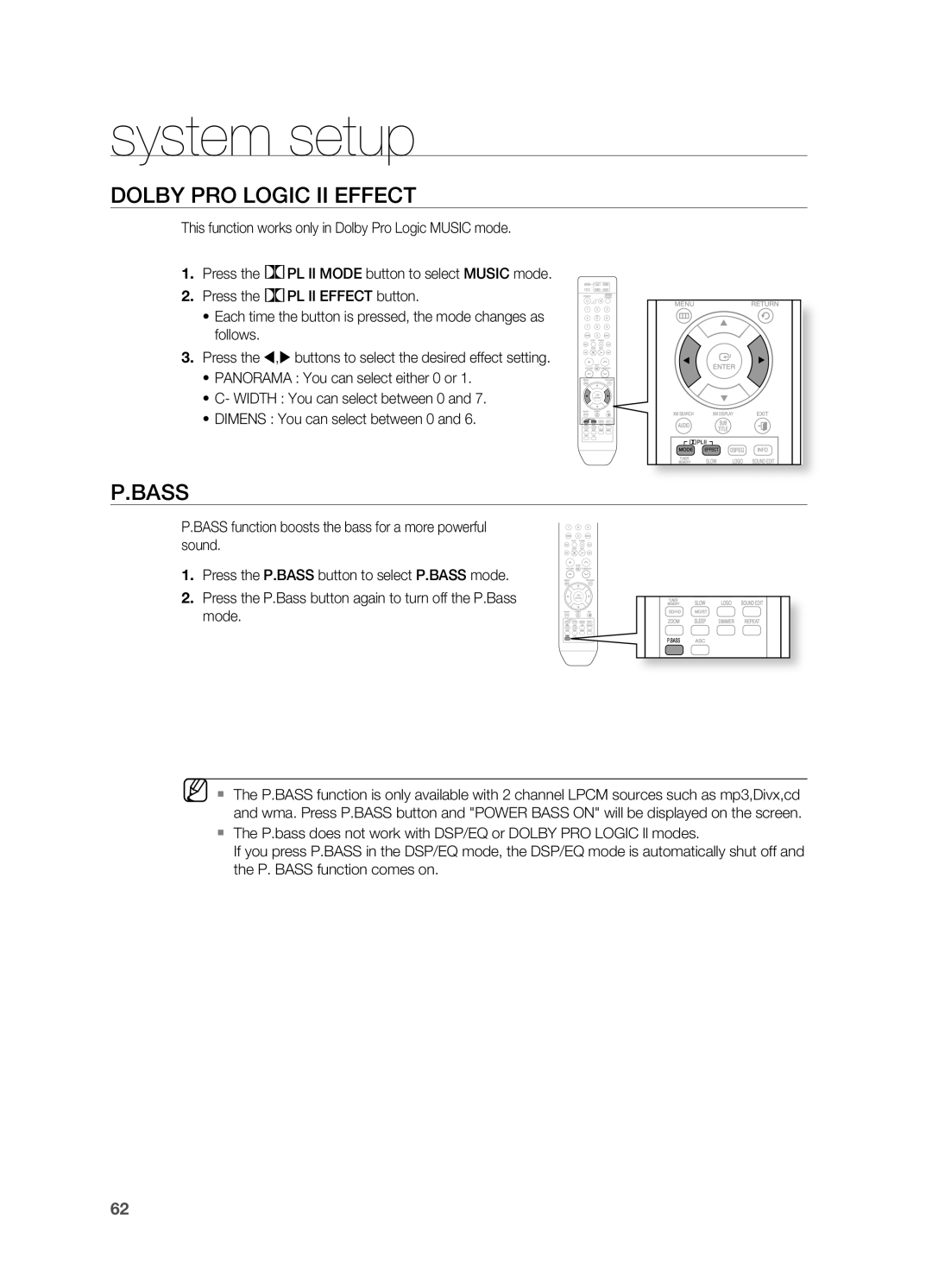 Samsung HT-Z510 manual DOLBY PrO LOgIC II EFFECT, P.Bass, system setup 