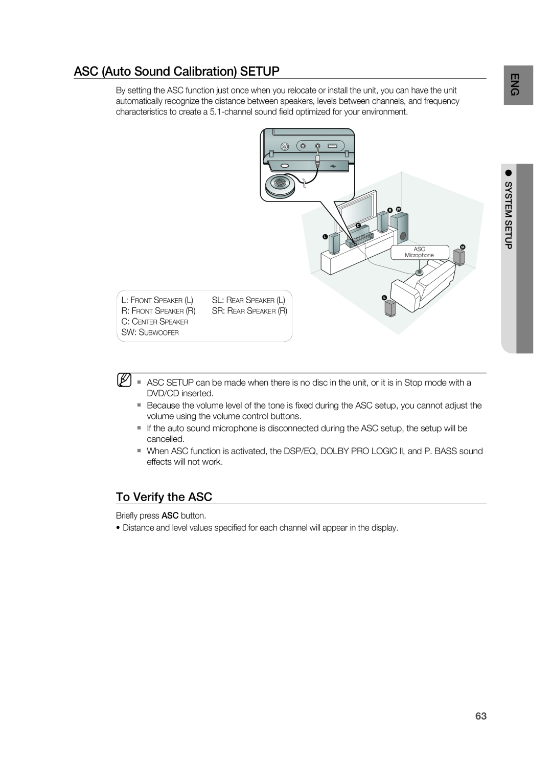Samsung HT-Z510 manual ASC Auto Sound Calibration SETUP, To Verify the ASC 