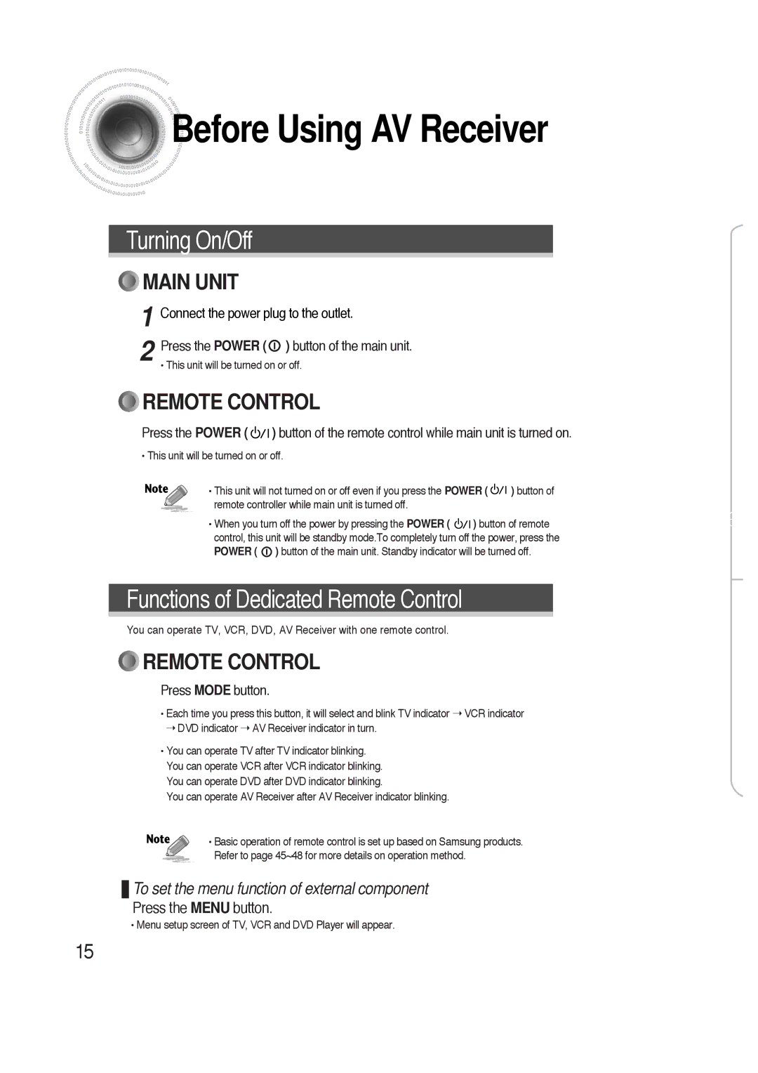 Samsung HTAS700RH/EDC, HTAS700RH/XFO manual Before Using AV Receiver, Turning On/Off 