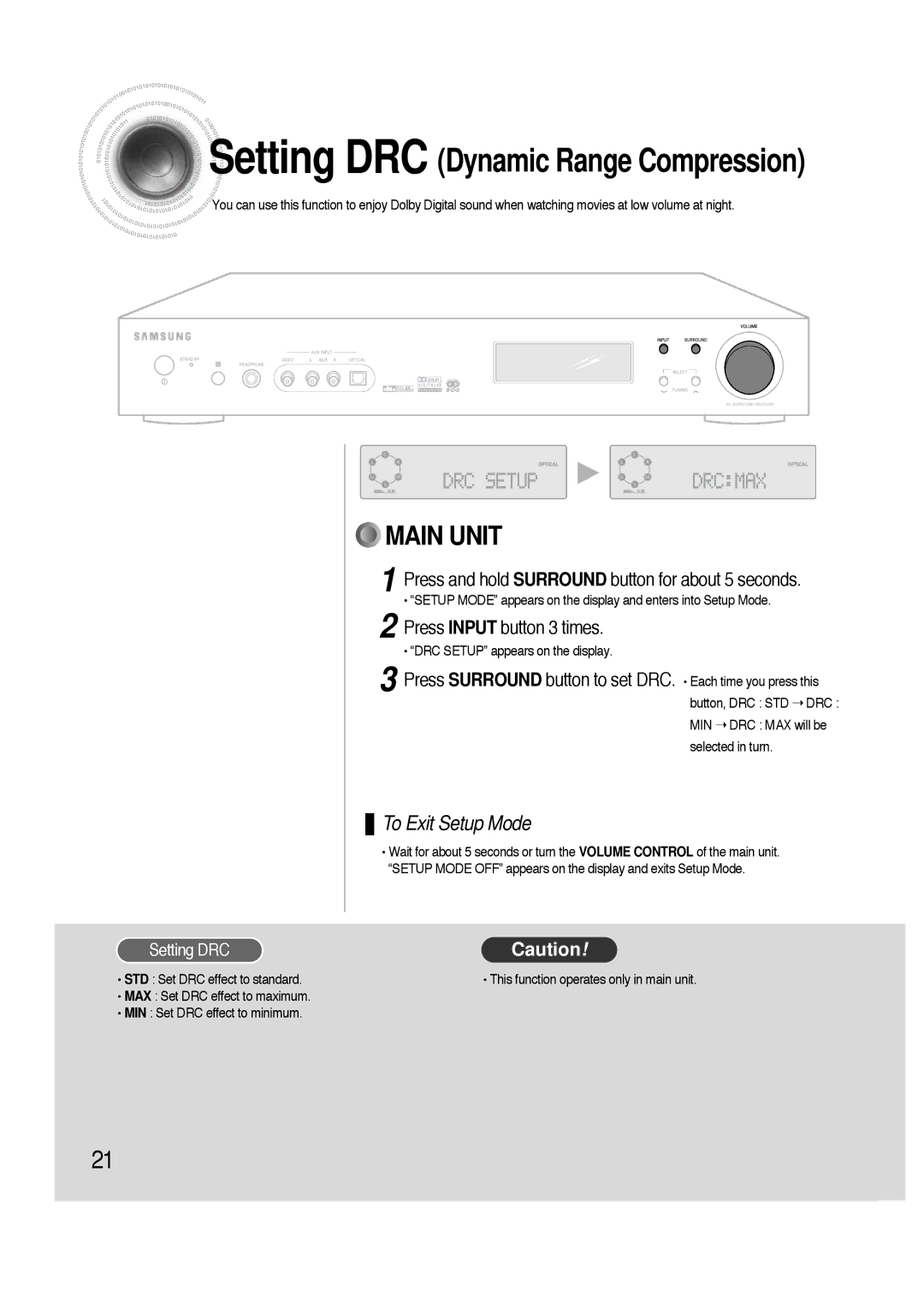 Samsung HTAS700RH/EDC manual Press and hold Surround button for about 5 seconds, Press Input button 3 times, Setting DRC 