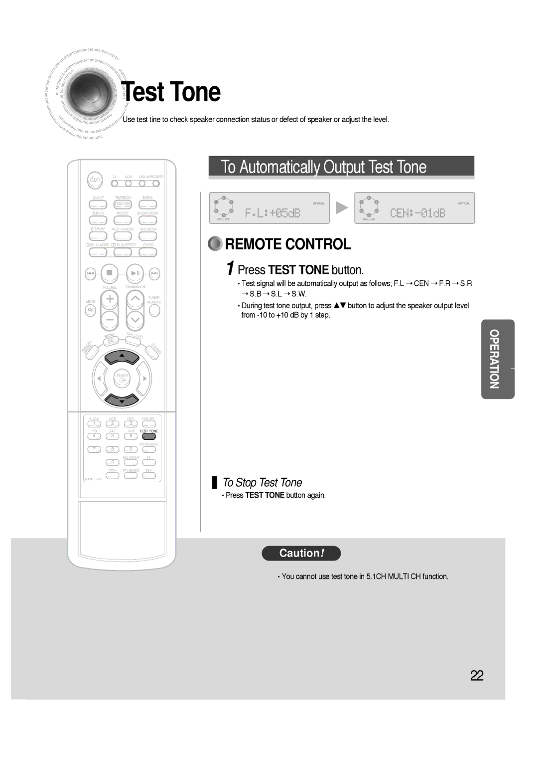 Samsung HTAS700RH/XFO, HTAS700RH/EDC manual To Automatically Output Test Tone 