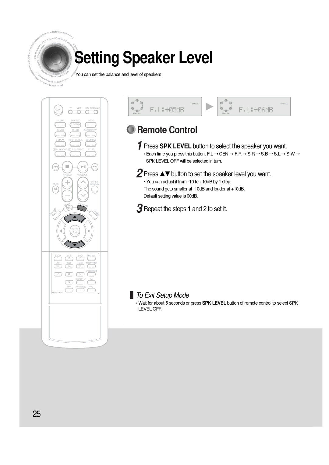 Samsung HTAS700RH/EDC, HTAS700RH/XFO manual Setting Speaker Level, Press SPK Level button to select the speaker you want 