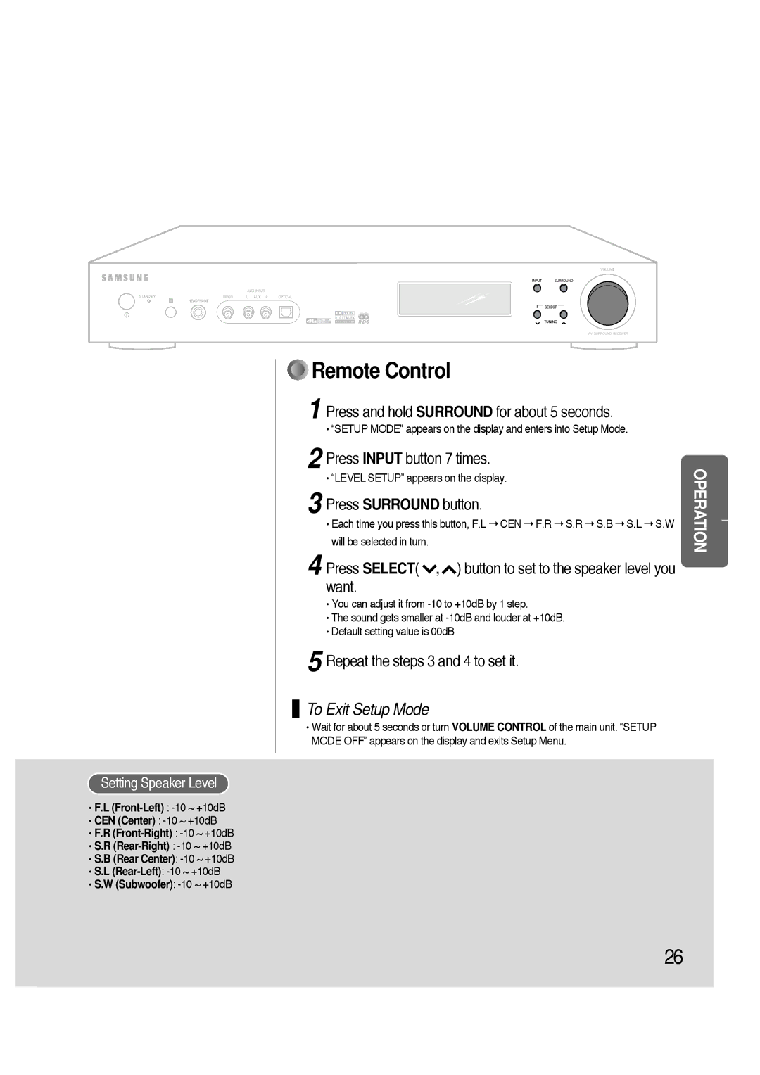 Samsung HTAS700RH/XFO manual Press and hold Surround for about 5 seconds, Press Input button 7 times, Setting Speaker Level 