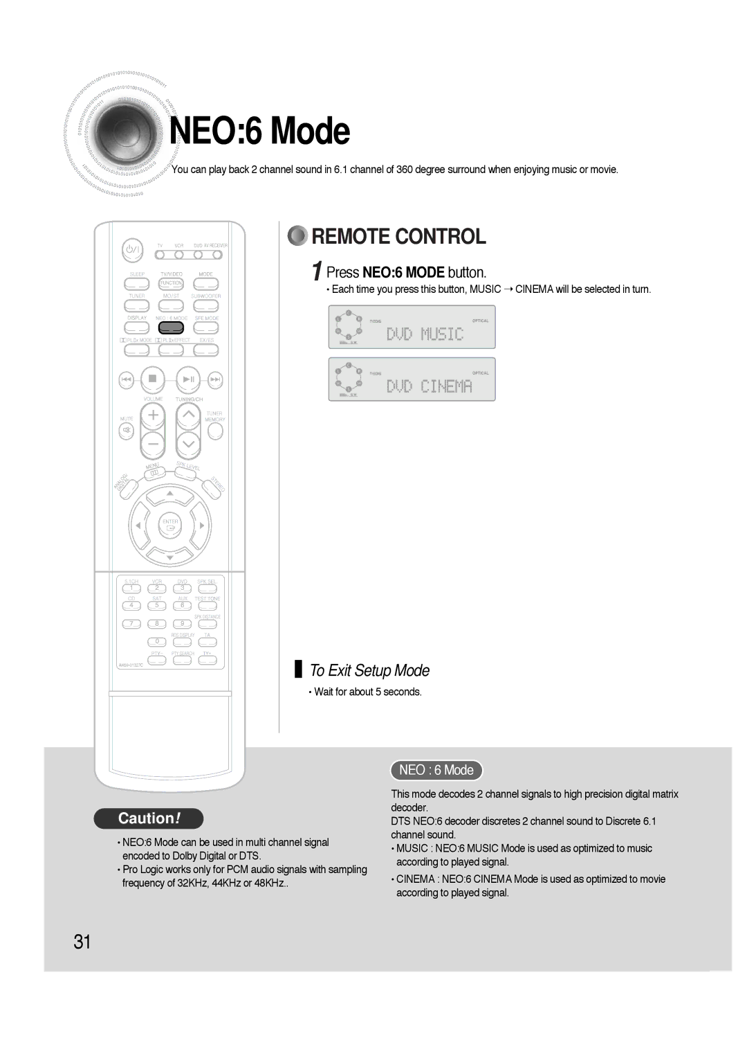 Samsung HTAS700RH/EDC, HTAS700RH/XFO manual Press NEO6 Mode button, NEO 6 Mode 