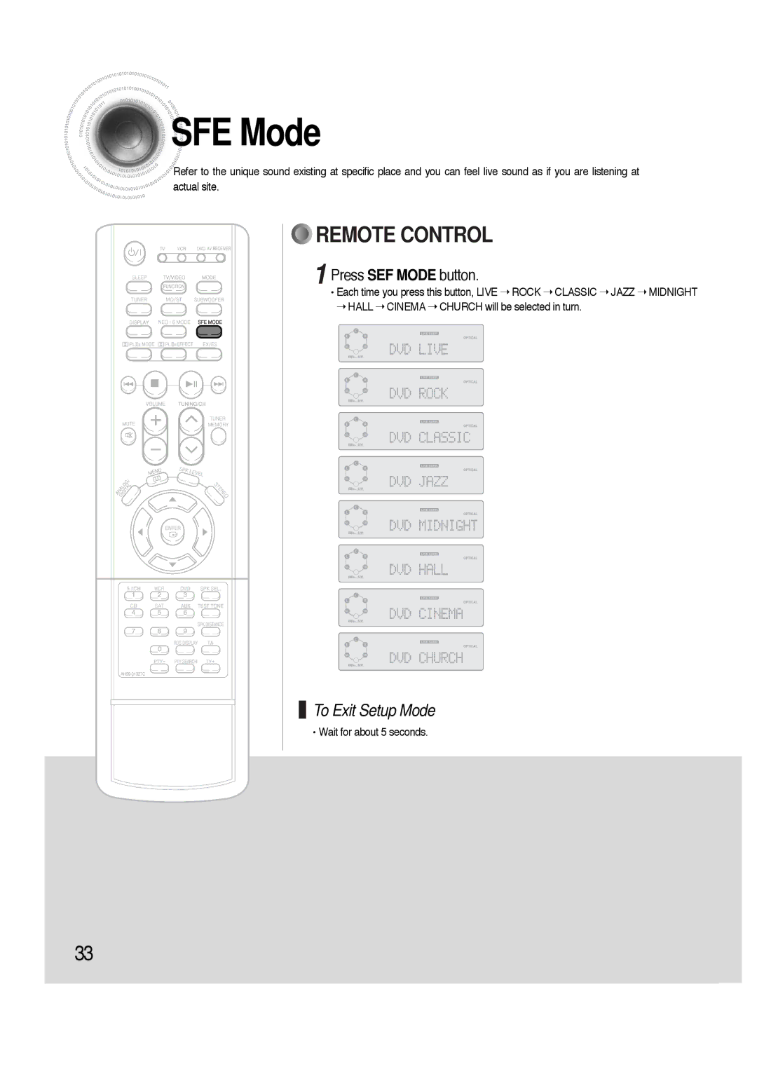 Samsung HTAS700RH/EDC, HTAS700RH/XFO manual SFE Mode, Press SEF Mode button 