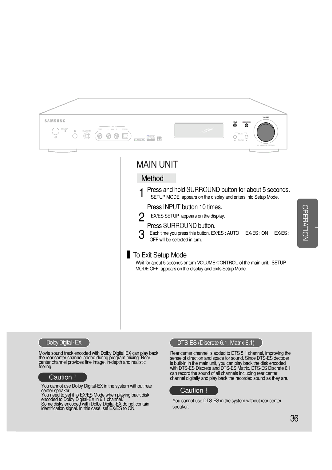 Samsung HTAS700RH/XFO, HTAS700RH/EDC manual Press Input button 10 times, DolbyDigital-EX, DTS-ES Discrete 6.1, Matrix 