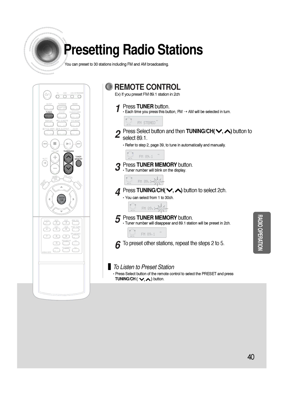 Samsung HTAS700RH/XFO, HTAS700RH/EDC Presetting Radio Stations, Press Select button and then TUNING/CH , button to select 