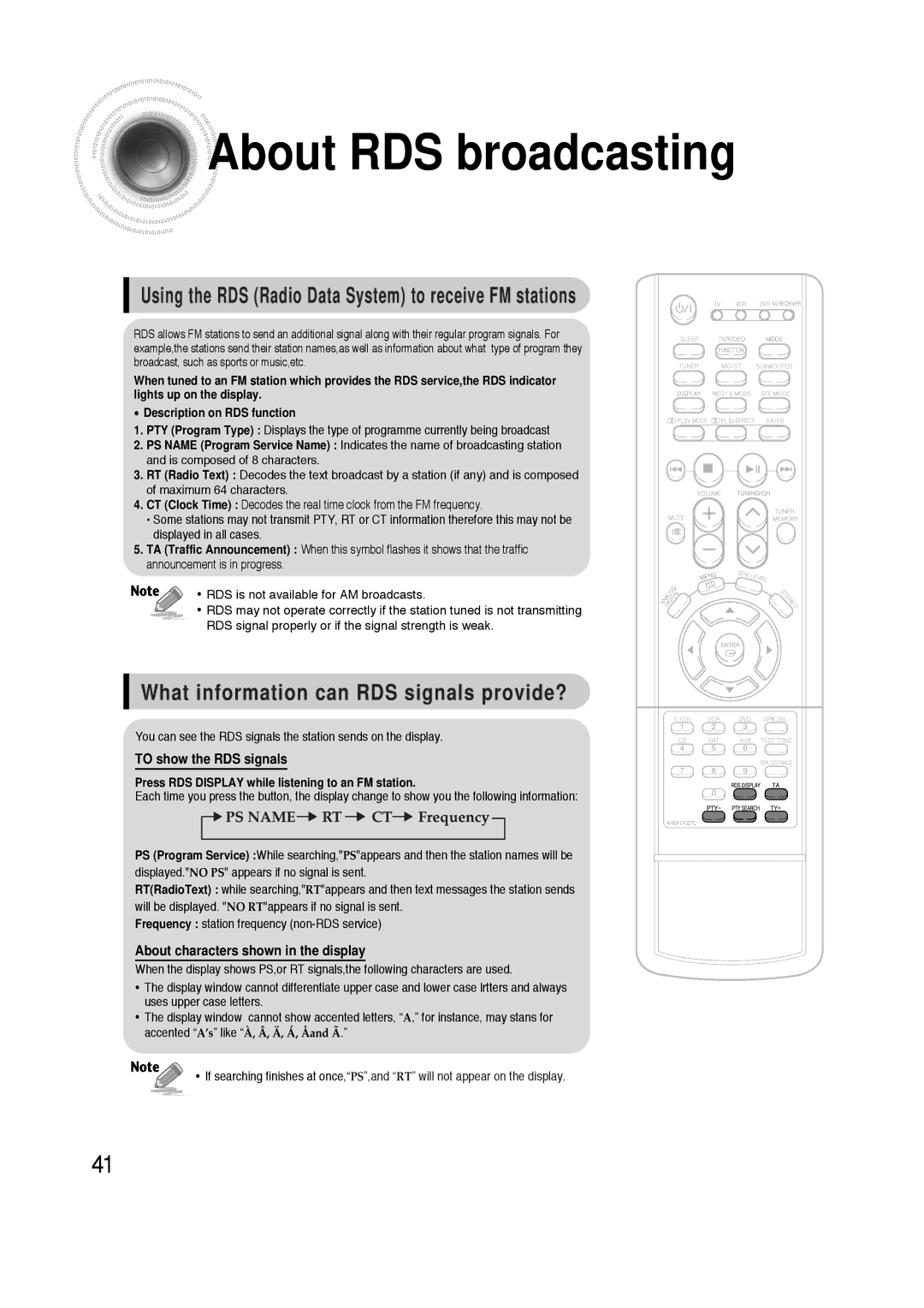 Samsung HTAS700RH/EDC, HTAS700RH/XFO manual About RDS broadcasting 