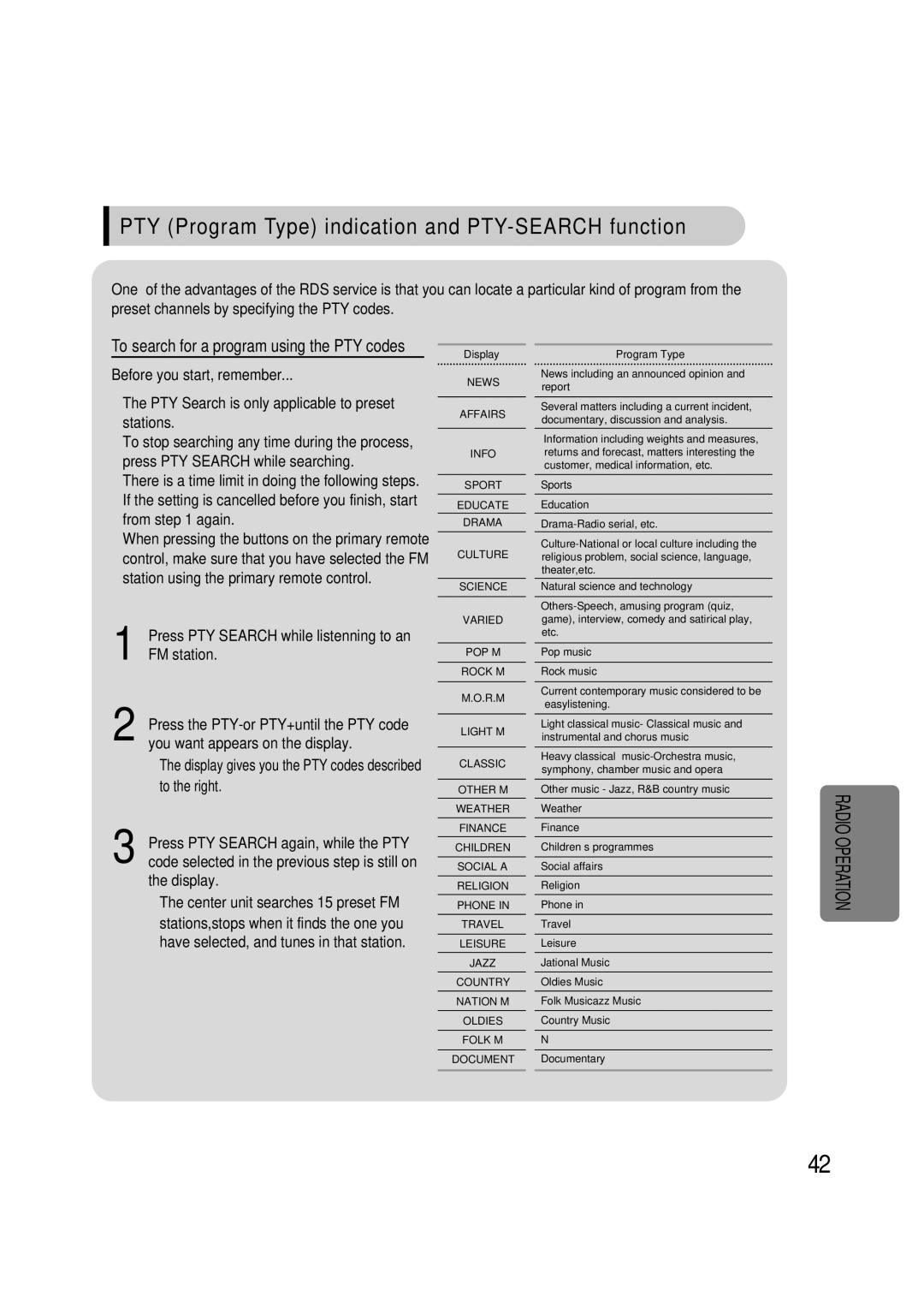 Samsung HTAS700RH/XFO, HTAS700RH/EDC manual PTY Program Type indication and PTY-SEARCH function 