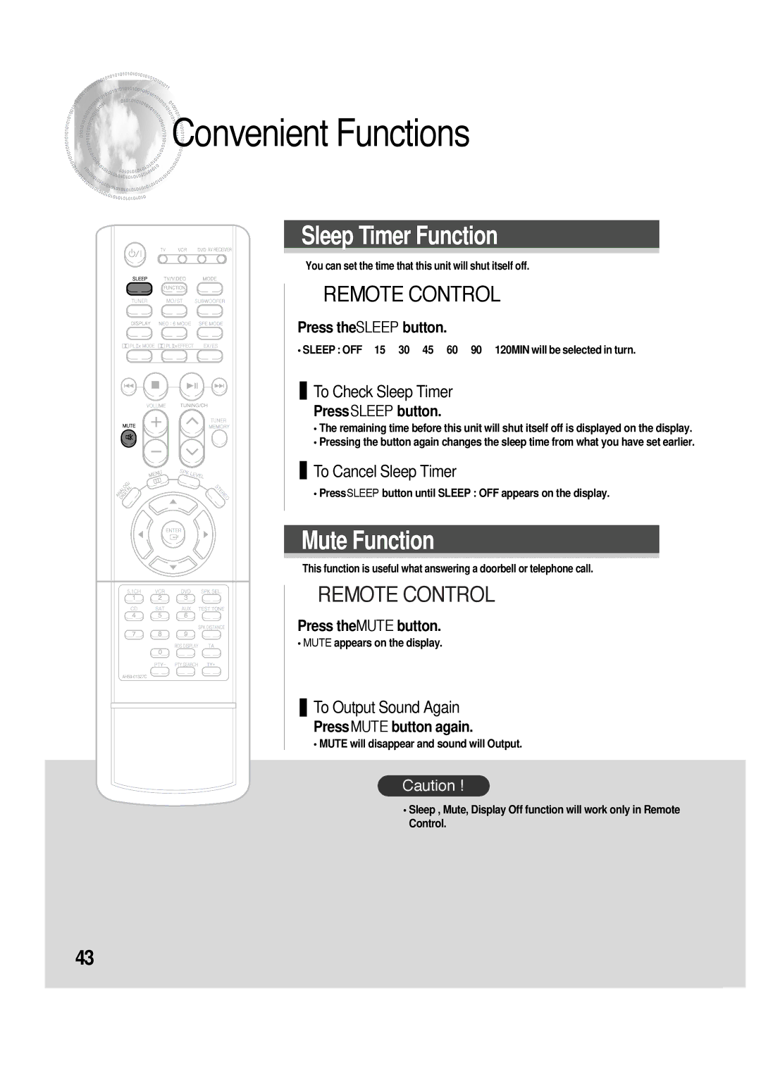 Samsung HTAS700RH/EDC manual Convenient Functions, Press the Sleep button, Press Sleep button, Press the Mute button 