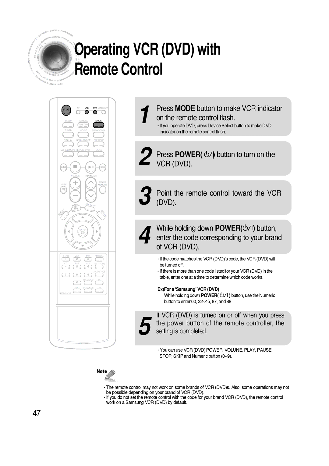 Samsung HTAS700RH/EDC, HTAS700RH/XFO manual Operating VCR DVD with Remote Control 