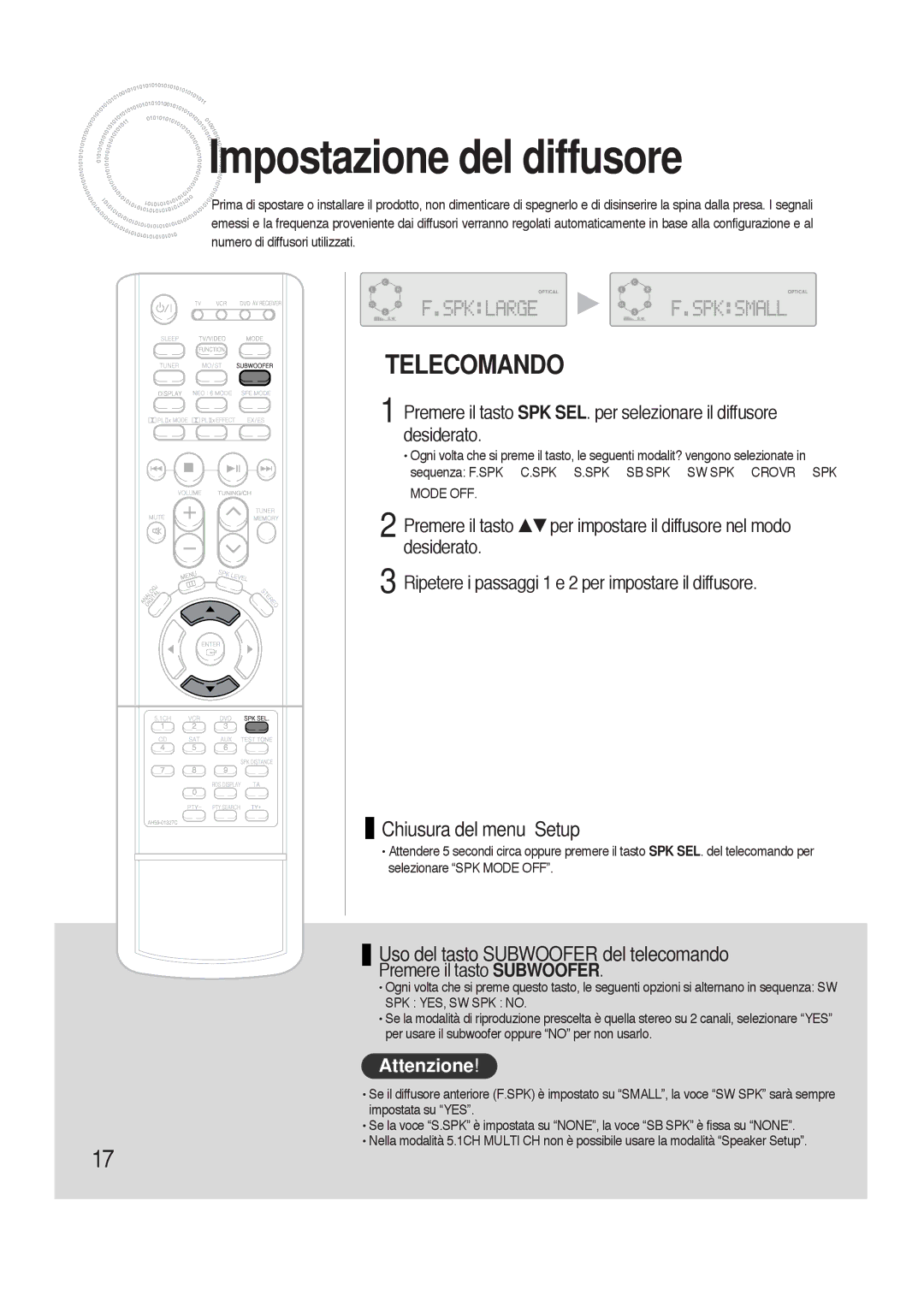 Samsung HTAS700RH/XFO manual Impostazione del diffusore, Chiusura del menu Setup, Uso del tasto Subwoofer del telecomando 