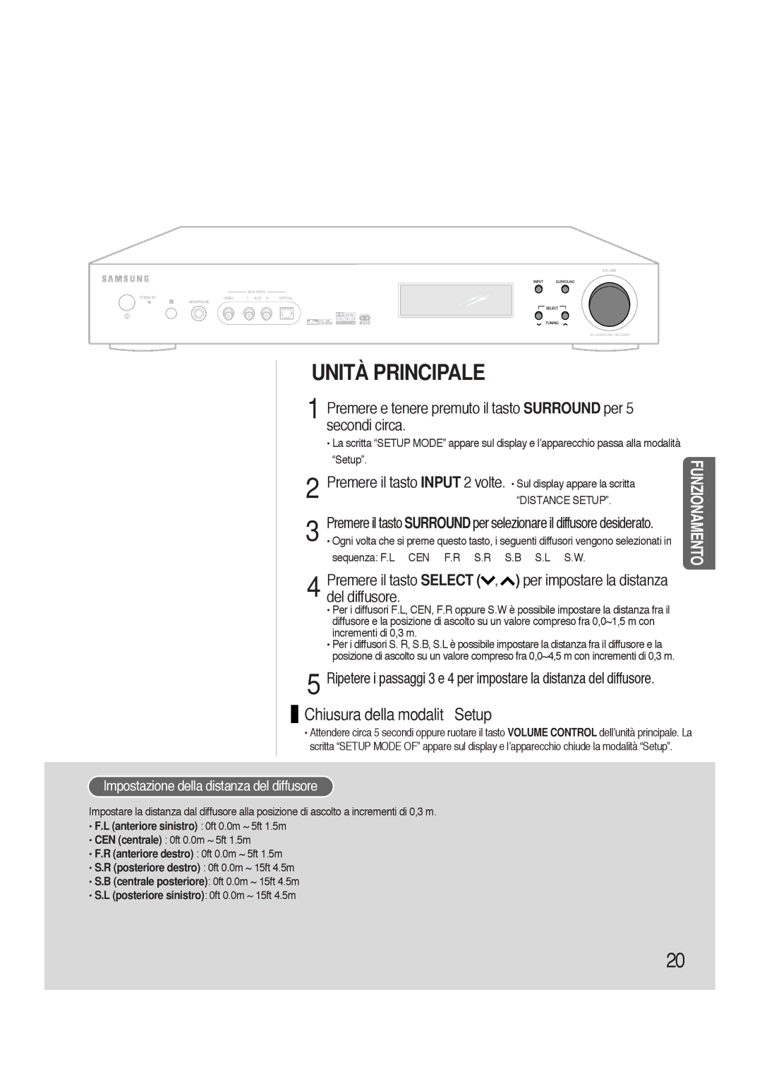 Samsung HTAS700RH/XFO manual Impostazione della distanza del diffusore, Distance Setup 