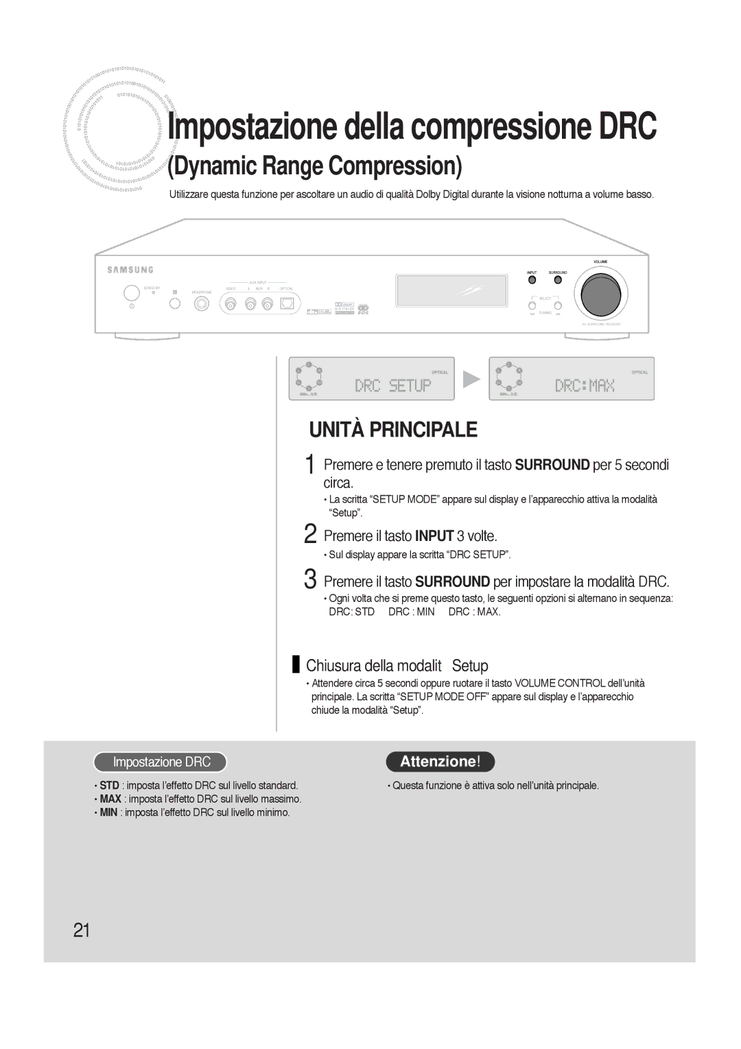 Samsung HTAS700RH/XFO manual Premere il tasto Input 3 volte, Impostazione DRC 