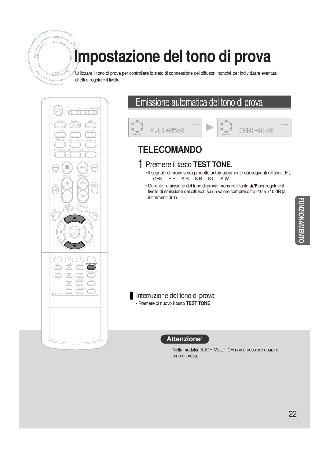 Samsung HTAS700RH/XFO manual Impostazione del tono di prova, Interruzione del tono di prova 