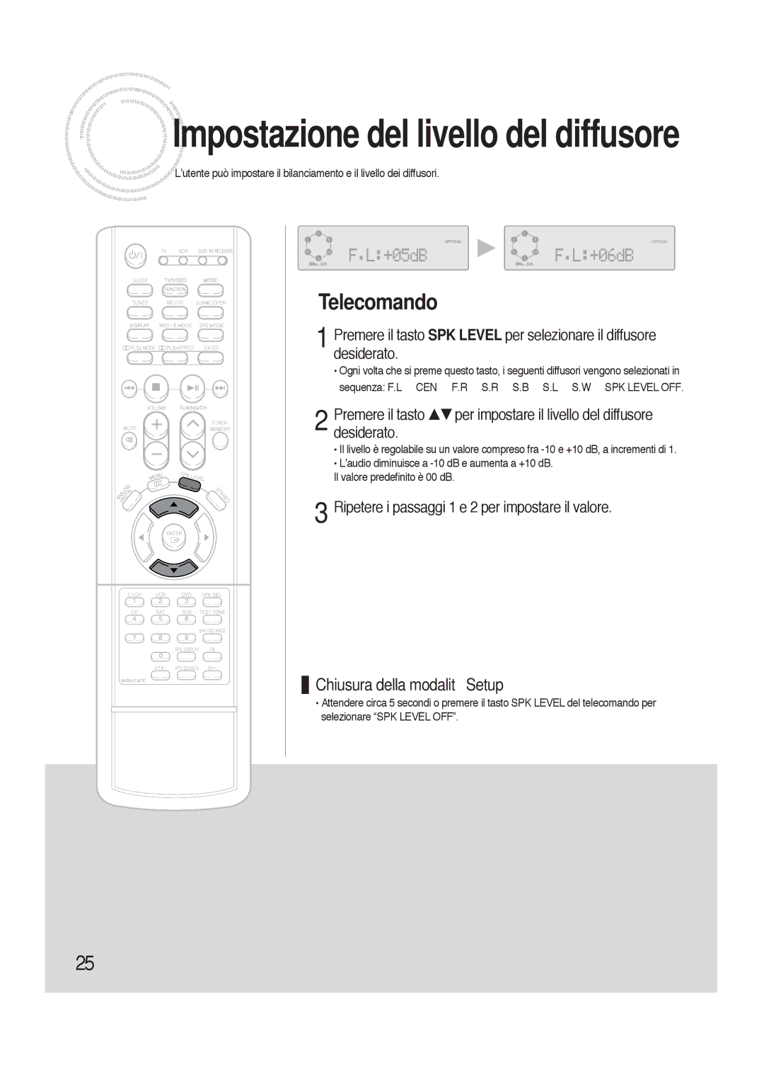 Samsung HTAS700RH/XFO manual Impostazione del livello del diffusore, Ripetere i passaggi 1 e 2 per impostare il valore 