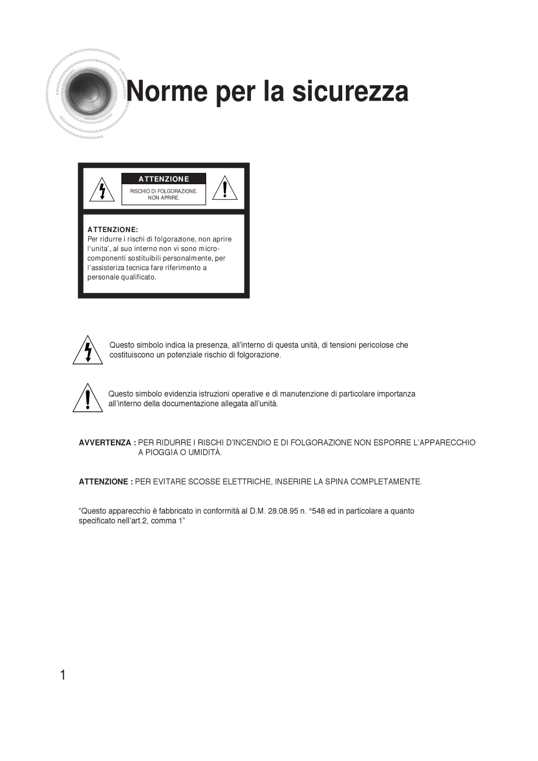 Samsung HTAS700RH/XFO manual Norme per la sicurezza 