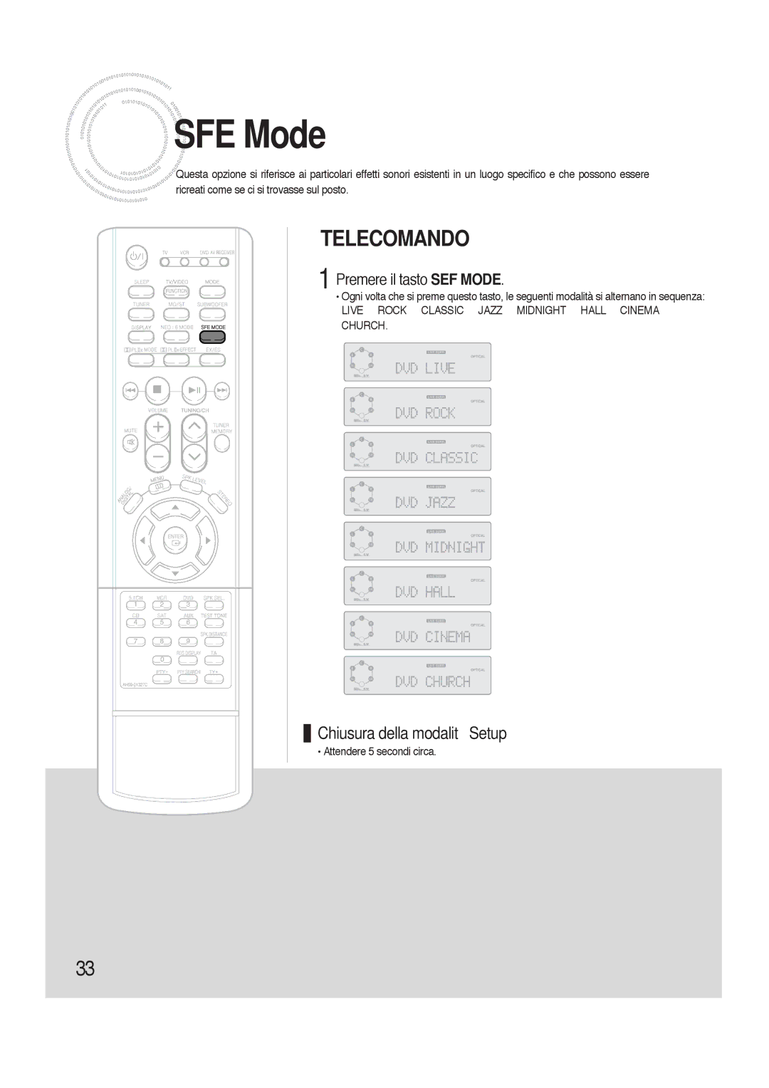 Samsung HTAS700RH/XFO manual SFE Mode, Premere il tasto SEF Mode 