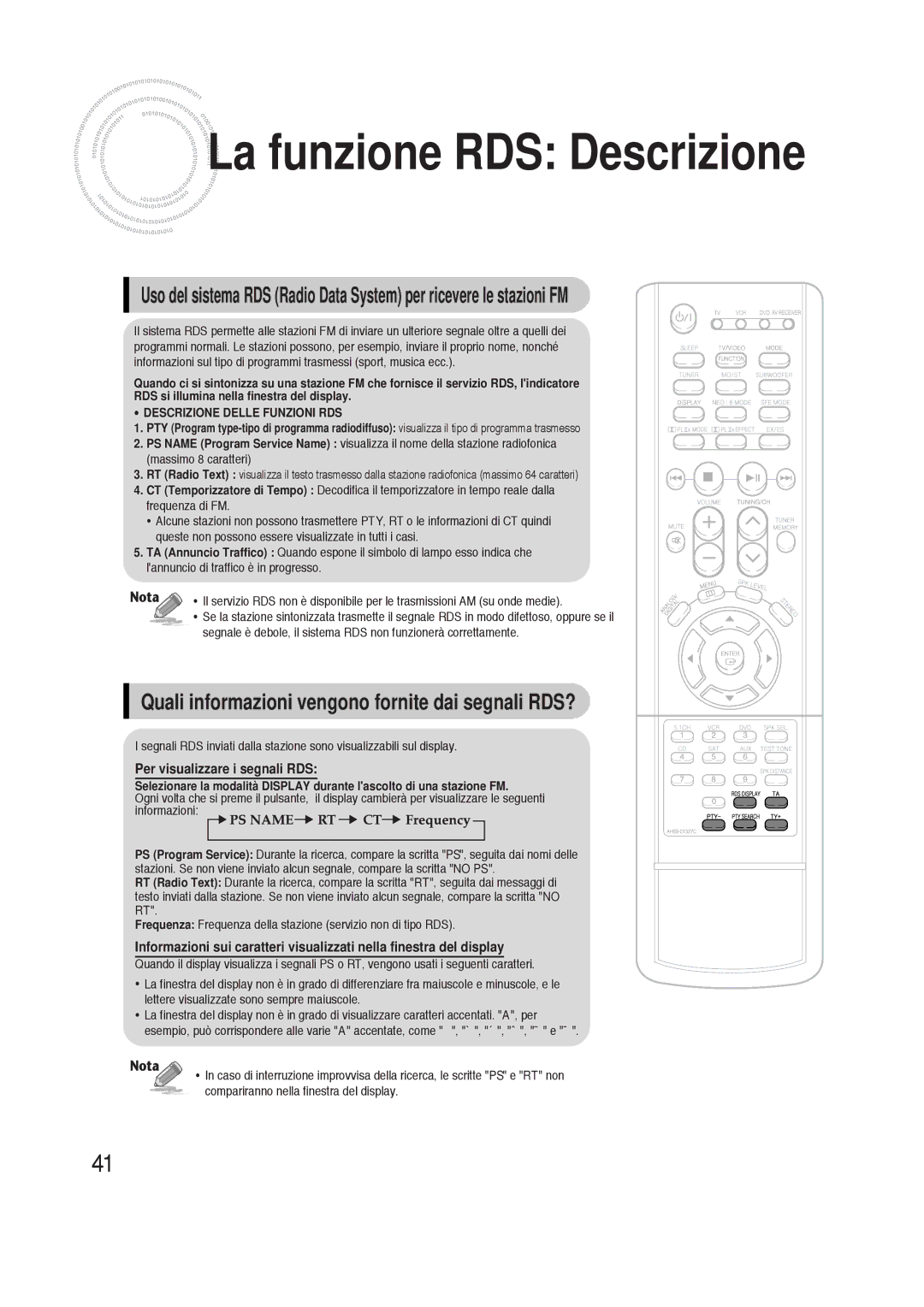 Samsung HTAS700RH/XFO manual La funzione RDS Descrizione, Descrizione Delle Funzioni RDS 