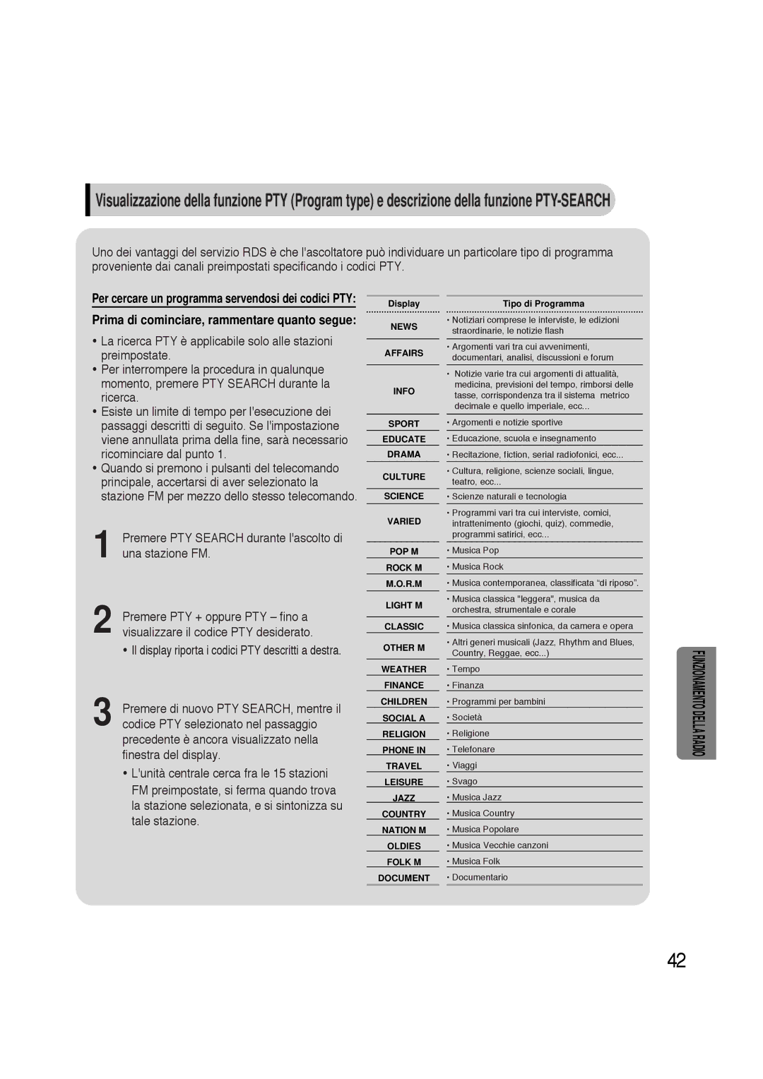 Samsung HTAS700RH/XFO manual Premere PTY Search durante lascolto di una stazione FM 