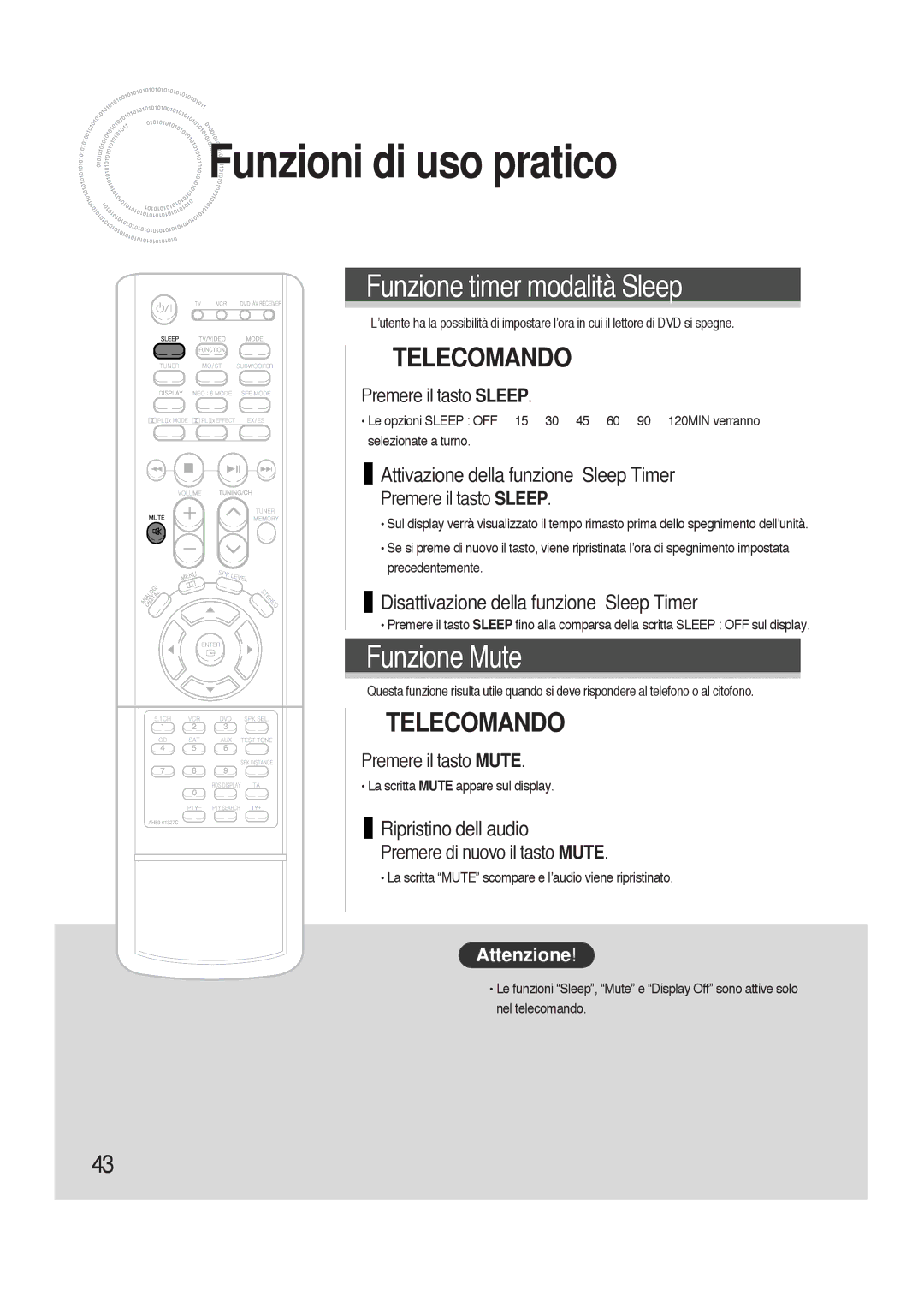 Samsung HTAS700RH/XFO manual Funzioni di uso pratico, Attivazione della funzione Sleep Timer, Ripristino dell’audio 