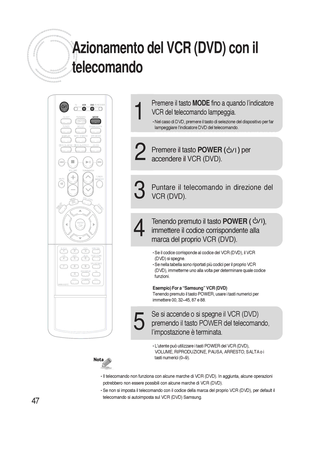 Samsung HTAS700RH/XFO manual Azionamento del VCR DVD con il telecomando, Premendo il tasto Power del telecomando 