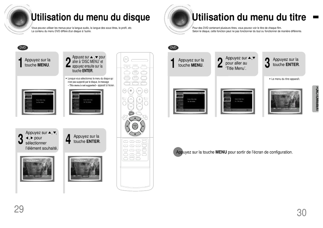 Samsung HTDB120RH/ELS, HTDB120TH Utilisation du menu du titre, Utilisation du menu du disque, Appuyez sur la touche Menu 