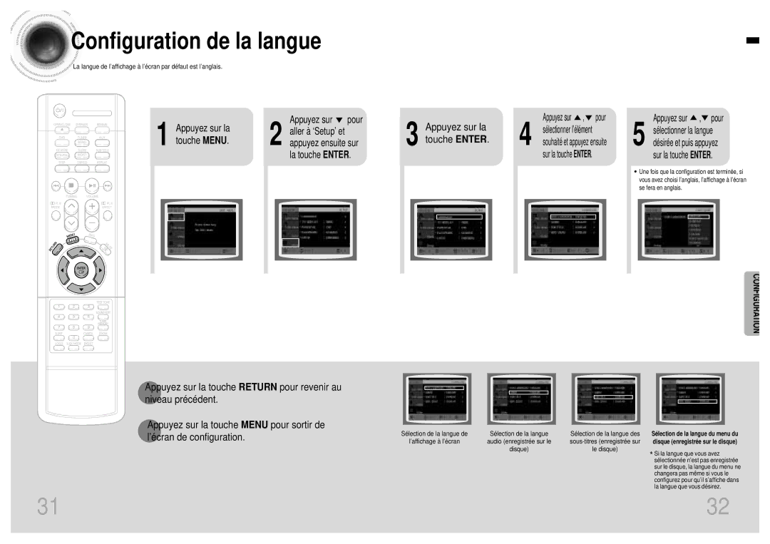 Samsung HTDB120TH/ELS, HTDB120RH/ELS, HTDB120TH/EDC manual Configuration de la langue, Appuyez sur la, Touche Menu 