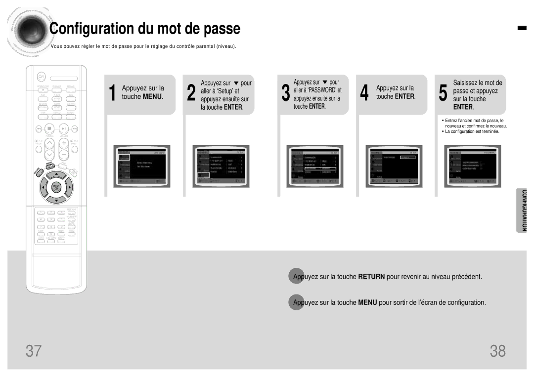 Samsung HTDB120RH/ELS, HTDB120TH/ELS Configuration du mot de passe, Saisissez le mot de Passe et appuyez sur la touche 