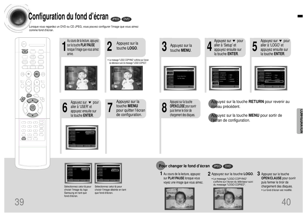 Samsung HTDB120TH/ELS, HTDB120RH/ELS manual Pour changer le fond d’écran Jpeg DVD, Touche Logo, Appuyez sur la touche Menu 