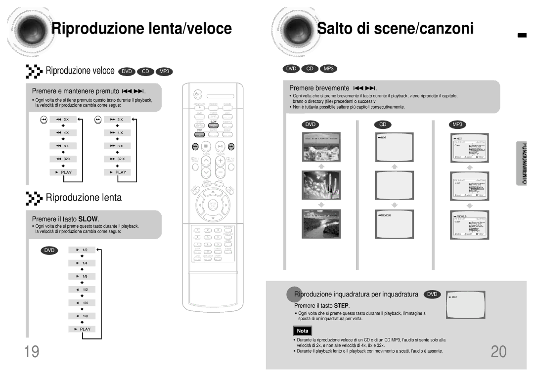 Samsung HTDB120TH/EDC manual Riproduzione lenta/veloce, Salto di scene/canzoni 